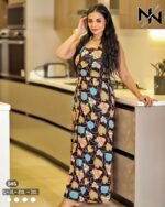 فستان مصايف ماكسي “هولتر” بنقشة أوراق الشجر الملونة